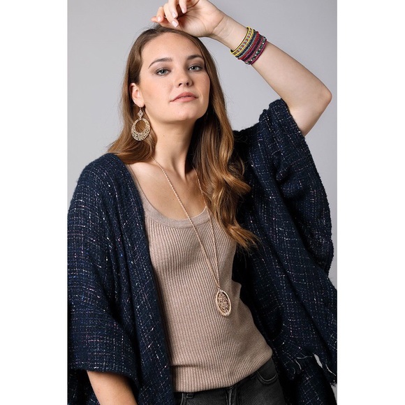 Carissa Navy Metallic Tweed Ruffle Kimono Top - Picture 3 of 7